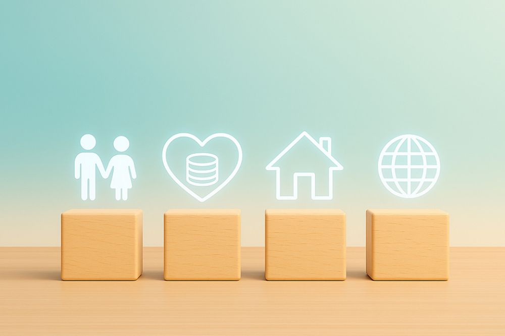 Icons zu Personen, Herz, Haus und Globus