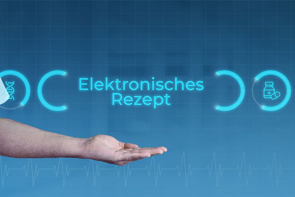 Aufgehaltene Hand unter Schriftzug Elektronisches Rezept